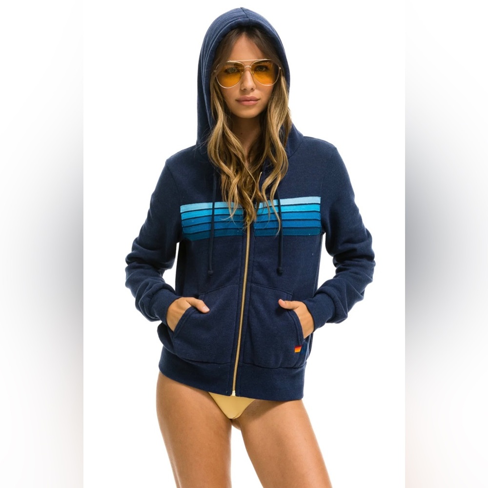 Aviator Nation 5 Stripe Hoodie - Charcoal//Blue size XS